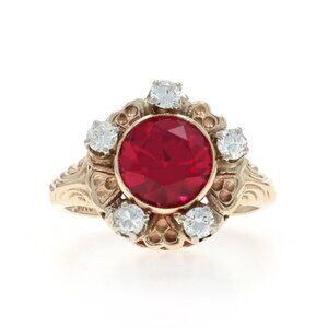 Yellow Gold Lab-Created Ruby Diamond Vintage Ring - 10k Round 2.65ctw
